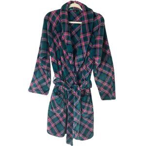 Victorias Secret Womens Sz Medium-large Plaid Fleece Robe Emerald Green Pink